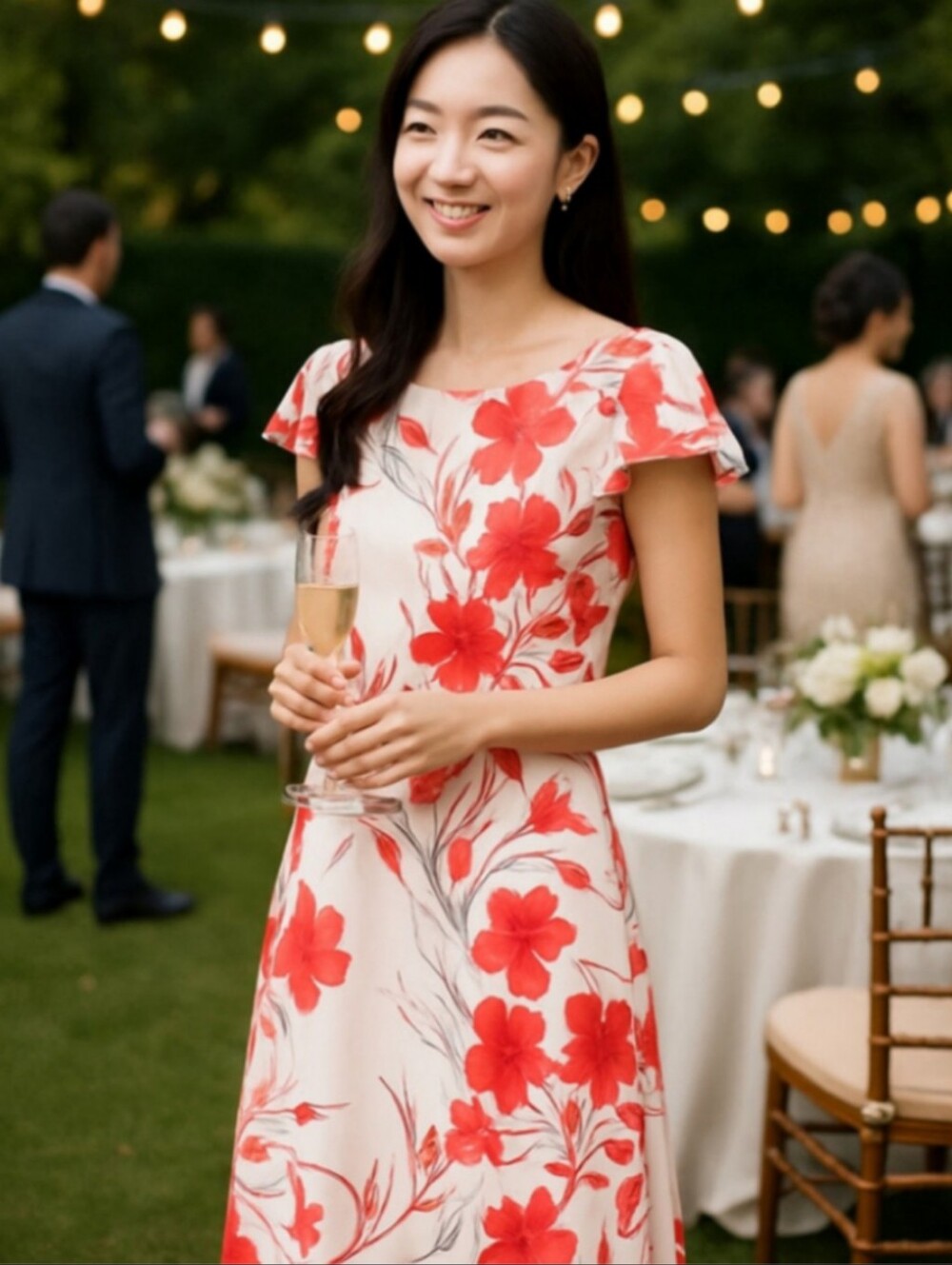 90s Mary McFadden floral column dress beige red chiffon Vintage wedding guest